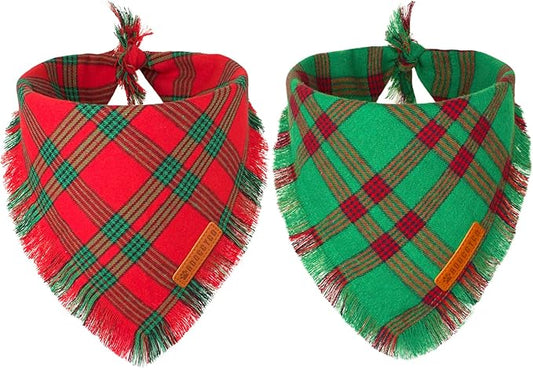 ADOGGYGO Christmas Dog Bandanas with Tassels, Red Green Plaid Pet Xmas Scarf Bib, Multiple Sizes, Christmas Bandana for Medium Large Dogs Pets (Large)