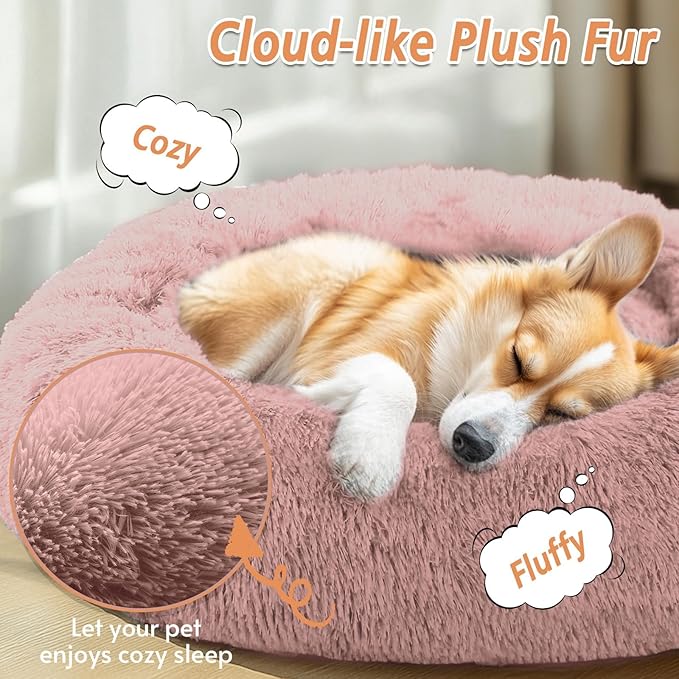 JOLLYVOGUE Small Dog & Cat Beds for Indoor Cats, Donut Cuddler Warming Soft Dog Beds with Anti-Slip Bottom, Round Calming Fluffy Plush Faux Fur Cushion Bed for Medium Dogs (27", Dark Pink)