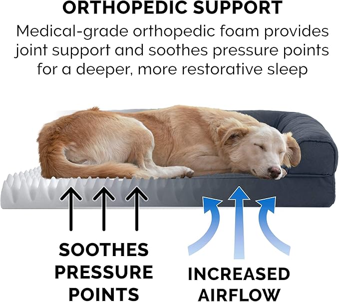 FurHaven Classic Sofa Orthopedic Dog Bed for Large Dogs, with Orthopedic Egg Crate Memory Foam for Joint Support, Removable Washable Cover, Large/Medium, Quilted Sofa, Iron Gray