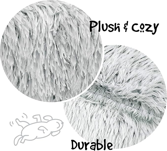Friends Forever Donut Dog Bed Faux Fur Fluffy Calming Sofa For Medium Dogs, Soft & Plush Anti Anxiety Pet Couch For Dogs, Machine Washable Coco Pet Bed with Non-Slip Bottom, 30"x30"x7" Ivory