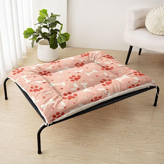 Dog Crate Bed Washable Crate Pad Pink Paws Bone Printed Soft Fluffy Pet Sleeping Mat for Large Medium Small Animals(Bone-3 S)