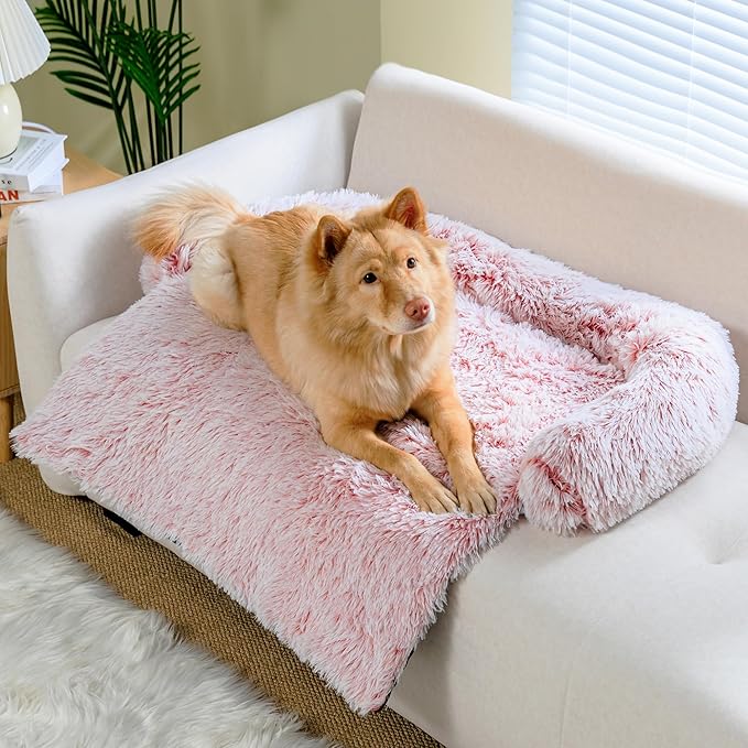 KHONSU PET Dog Bed for Couch Dog Mat for Sofa with Calming Plush& Bolster, Removable &Washable& Non-Slip Pet Bed for Furniture Protector Fits up to 45 lbs Dogs-Pink