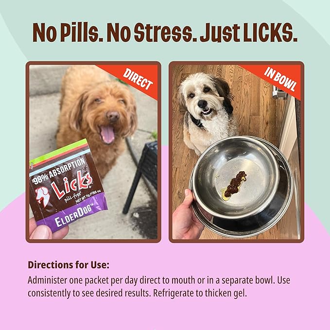 Licks Pill Free ElderDog - Older Dog Vitamins and Supplements - Joint & Immune Support Supplements for Dogs - Dog Coat & Digestion Supplement for Senior Dogs - Gel Packets - Roasted Chicken, 30 Use
