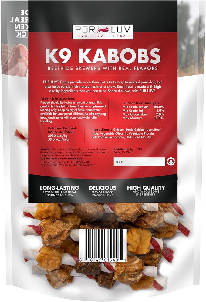 Pur Luv Dog Treats, K9 Kabobs Made with Real Chicken, Duck, and Sweet Potato, 12 Ounces, Dog Snacks, Healthy, Easily Digestible, Long-Lasting, High Protein Treat, Satisfies Urge to Chew