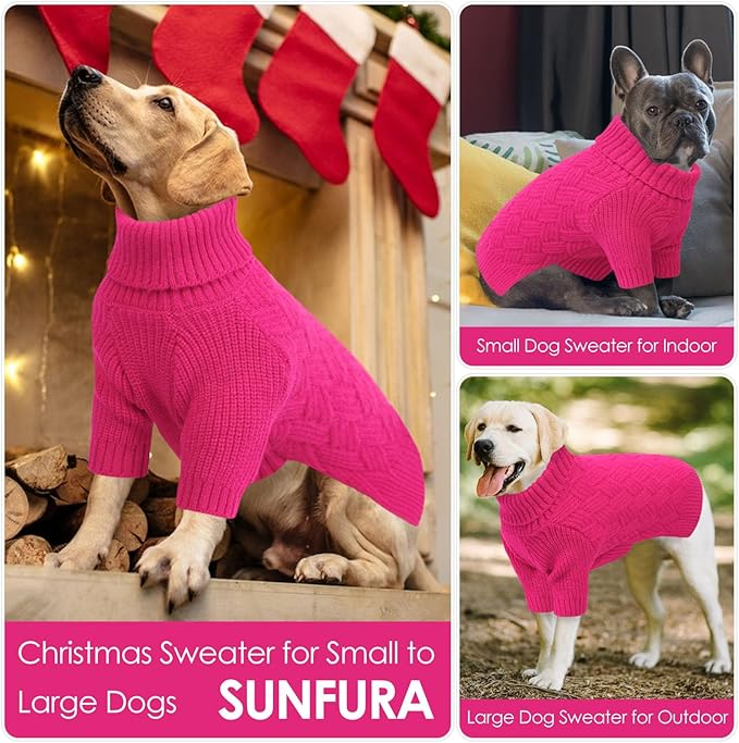 SUNFURA Dog Sweater, Medium Dog Sweaters Doggie Pullover for Fall Winter, Fleece Pet Christmas Sweaters for Holiday, Warm Turtleneck Knitwear for French Bulldog, Boston Terrier, Hot Pink M