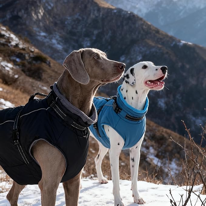 PUMYPOREITY Dog Jackets for Large Dogs, Warm Dog Winter Coat with Harness Built in, Fleece Jacket with Back Zipper, Cold Weather Coats for Outdoor, Waterproof & Windproof Pet Snowsuit, Black, XL