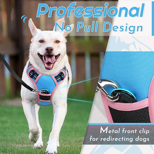 Eagloo Dog Harness for Large Dogs, No Pull Service Vest with Reflective Strips and Control Handle, Adjustable and Comfortable for Walking, No Choke Harness with 2 Metal Rings, Pink & Blue, M