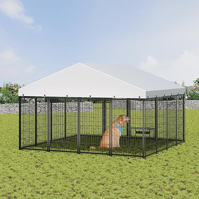 Dog Crate Dog Kennel Outdoor W/Roof,Large Dog Cage W/Adjustable Height Rotating Feeder & 2 Stainless Steel Bowls,Dog Pens Outside W/Double Door Lock,for Yard,Black(9.62x9.35x6.18 FT)