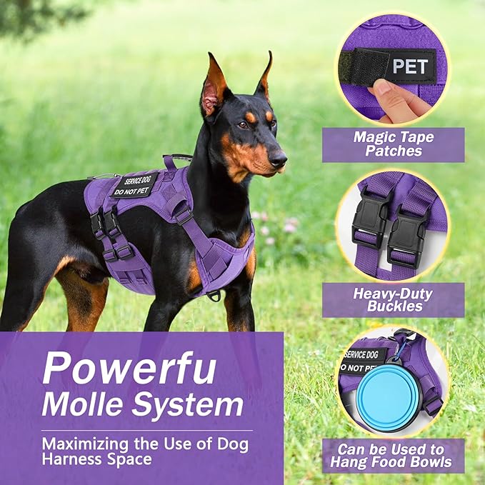 No Pull Tactical Dog Harness for Small Dogs, Escape Proof Molle Dog Vest Harness and Leash Set, Adjustable Military Service Dog Harness with Handle for Medium Large Dogs(Purple, Medium)