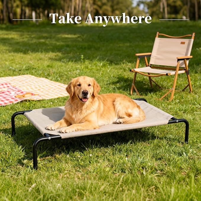 Elevated Dog Bed for Large Dogs, Washable Raised Cot with Skid-Resistant Feet, Waterproof Cooling Dog Beds with Oxford Cloth, Indoor/Outdoor Use, Khaki 50in