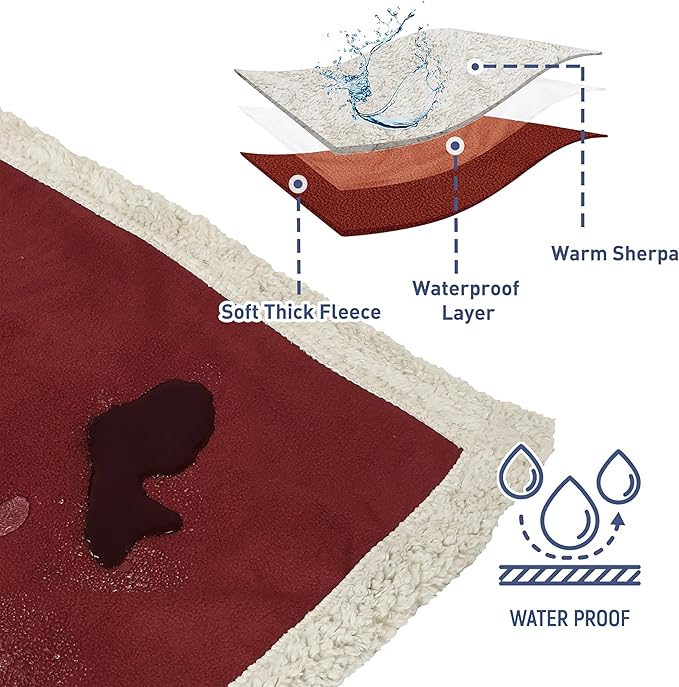 Catalonia Waterproof Blanket, Washable Leakproof Bed Cover for Couples, Reversible Protector Blanket for Bed Couch Sofa, Stain Proof Blanket Pad for Adults, 80X90 inches, Wine
