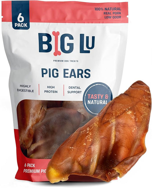 Big Lu – Whole Pig Ears for Dogs, 6 Count, All-Natural Single-Ingredient Pork Treats for Medium and Large Dogs, Easily Digestible, Supports Joint Health with Glucosamine and Chondroitin