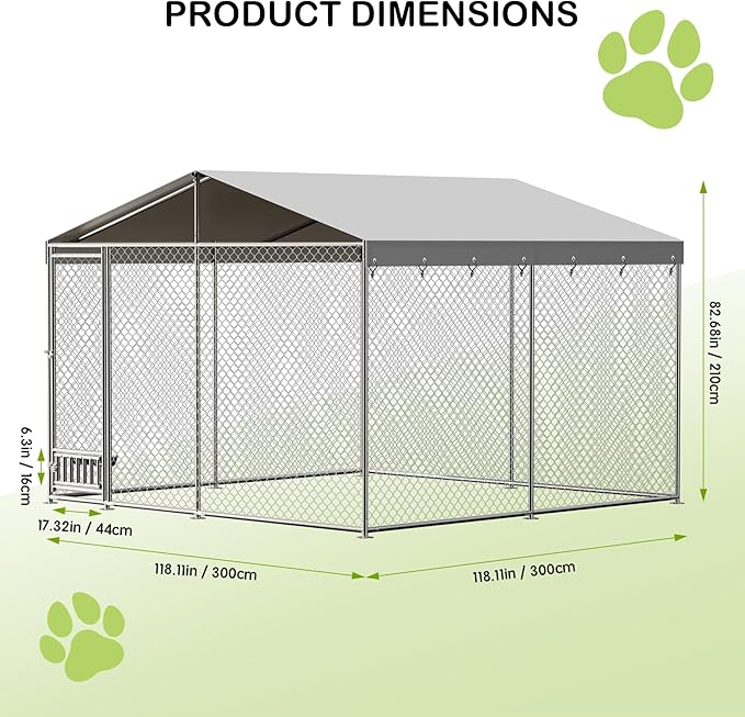 Outdoor Dog Kennel, 10x10 Ft Large Heavy Duty Dog Enclosure with Waterproof Cover Roof, Chain Link Dog Runs Dog House with Secure Lockable Door for Outside Backyard