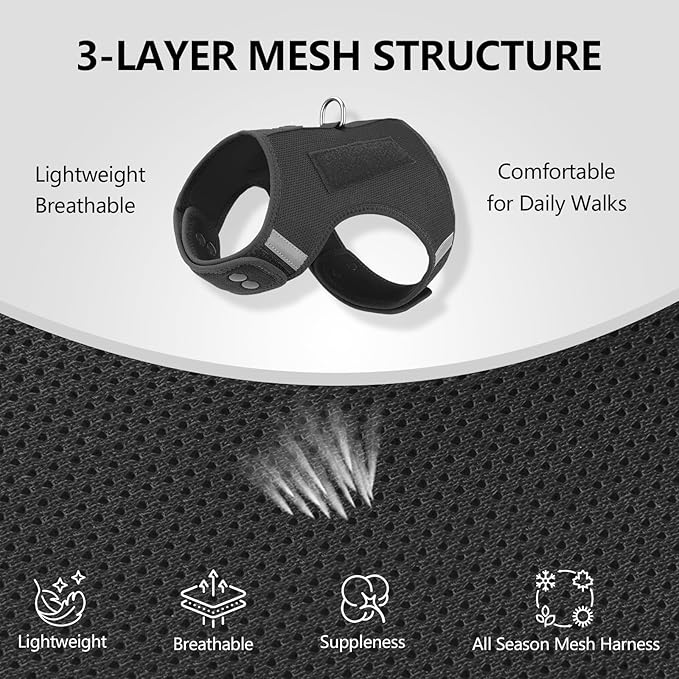 Dog Harness for Puppy – Adjustable Reflective Easy Put On Soft Mesh Vest for Small Dogs with 2 Patches (Black,XXXS)