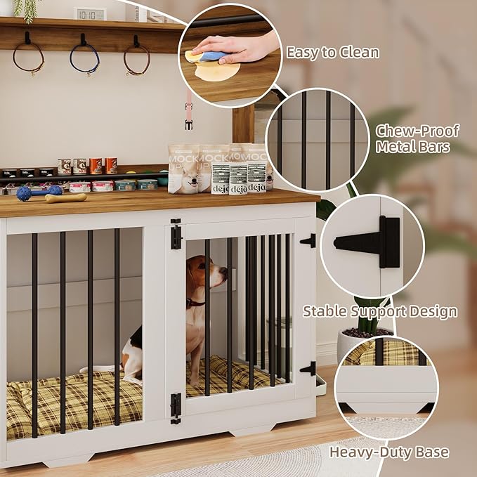 Dog Crate Furniture, Wooden Dog Crates for Small Dogs, Dog Kennel Indoor with Storage Shelf, 4 Hooks, Heavy Duty Dog Crate for Small/Medium Dogs, White