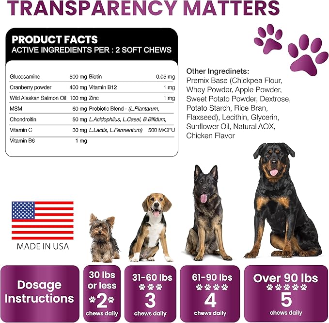 Dog Multivitamin Chewable with Glucosamine - Dog Vitamins and Supplements, Senior & Puppy Multivitamin for Dogs - Pet Chondroitin Hip and Joint Support Health, Immune Booster, Skin, Heart, Probiotics