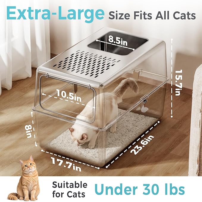 Petinstinct Extra Large Enclosed Stainless Steel Litter Box with Lid, 23.6"x17.7"x15.7" High Sided Metal Cat Litter Box for Indoor Cats, Covered Dog Proof Kitty Litter Pan, Odor Free, Non Sticky, XL