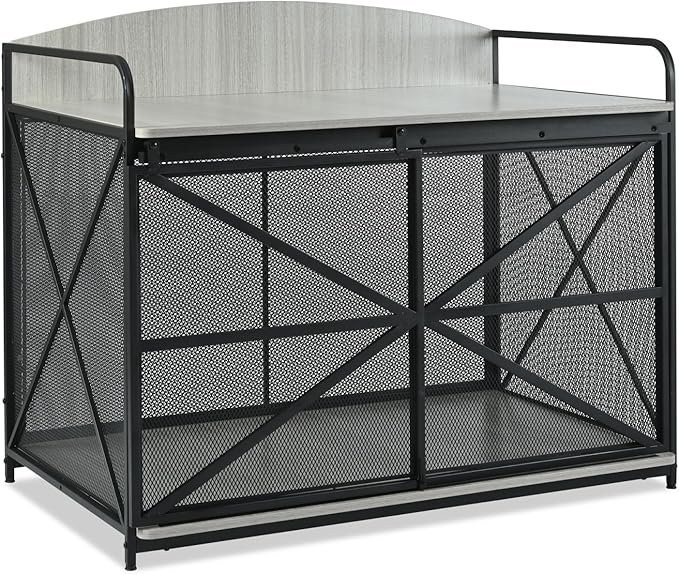Large Furniture Dog Crate, Dog Kennel Indoor, Wood Dog Cage Table, Heavy Duty Dog Crate, Sturdy Metal,Gray