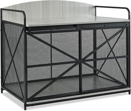 Large Furniture Dog Crate, Dog Kennel Indoor, Wood Dog Cage Table, Heavy Duty Dog Crate, Sturdy Metal,Gray