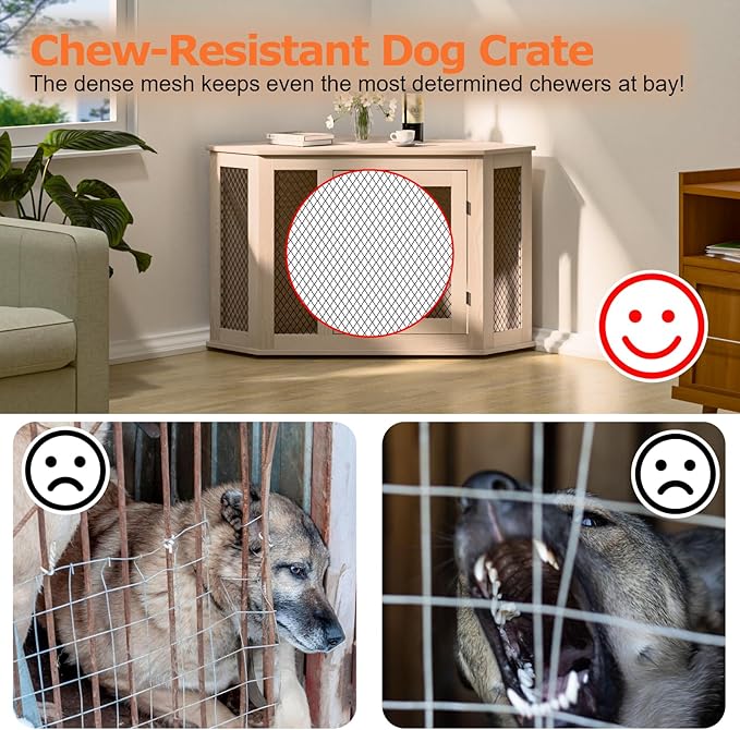 Corner Dog Crate Furniture, 44" Wooden Dog Kennel Furniture End Table with Mesh, Dog Kennel Indoor Furniture for Small Medium Dogs, Modern Decorative Wood Pet House Dog Cage Crate, White