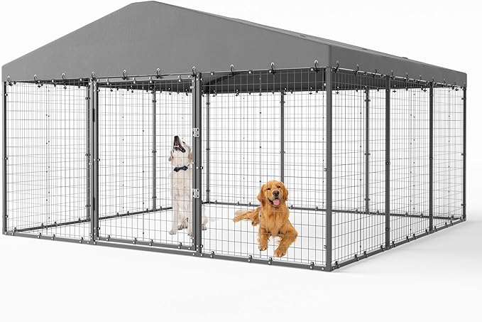 Large Outdoor Dog Kennel,10x10x6 FT Heavy Duty Dog Cage with Fully Covered Roof,Anti-Rust Outdoor Dog Fence w/Waterproof UV-Resistant Cover and Double Security Locks for Backyard