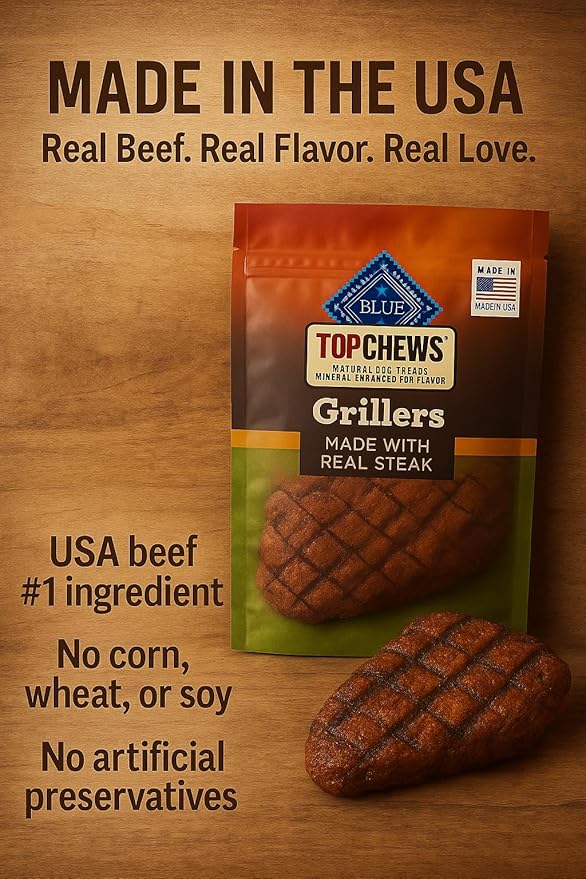 Top Chews Natural Dog Treats – Grillers Made with Real Steak – 32 Oz (907 g) – USA Beef #1 Ingredient, No Artificial Preservatives, No Corn, Wheat or Soy