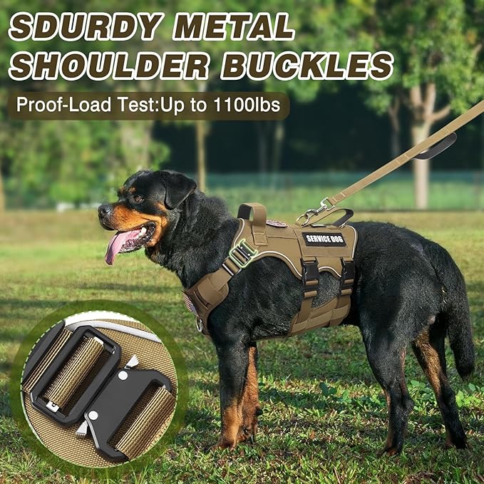 Tactical Service Dog Vest Harness and Leash Set,Heavy Duty Dog Harness with Metal Buckles for Large Dogs,Adjustable No Pull Pet Vest with 10 Patches,for Training Working Hiking,Brown XL