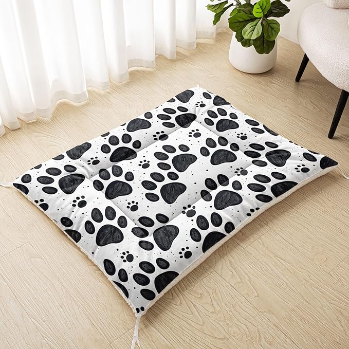 Dog Crate Bed Washable Crate Pad Cartoon Black Paw Printed Soft Fluffy Pet Sleeping Mat for Large Medium Small Animals(Paw-3 L)