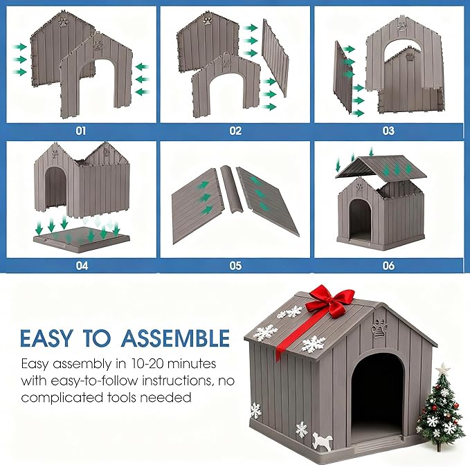 Large Dog House Outdoor Indoor for Medium Large Dogs, Sturdy Plastic Waterproof Doghouse with Air Vents and Elevated Floor, Easy Clean and Assemble (Light Grey, 36.2''L×38''W×38''H)