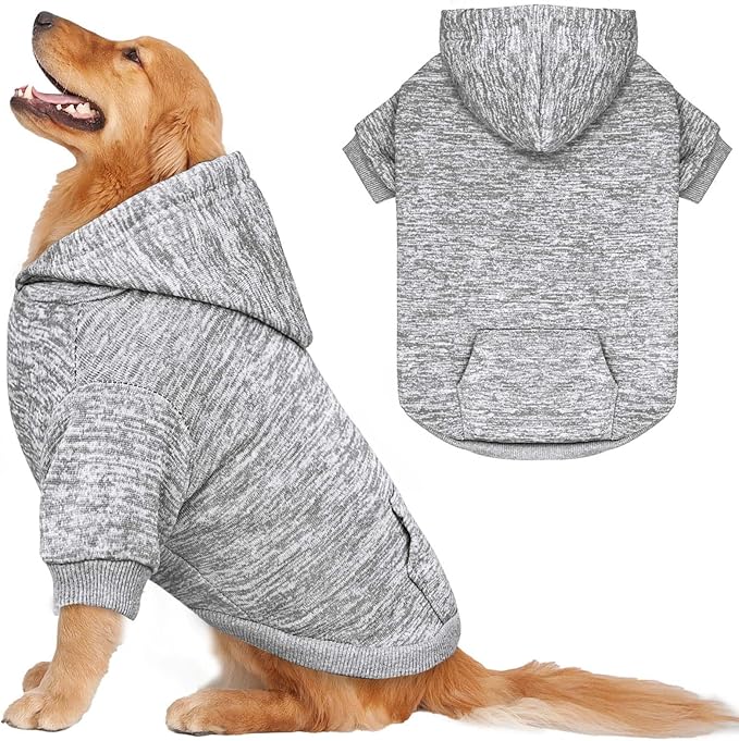 Fleece Dog Sweater & Hoodie - Soft Dog Clothes Sweatshirt with Pocket - Grey & XL