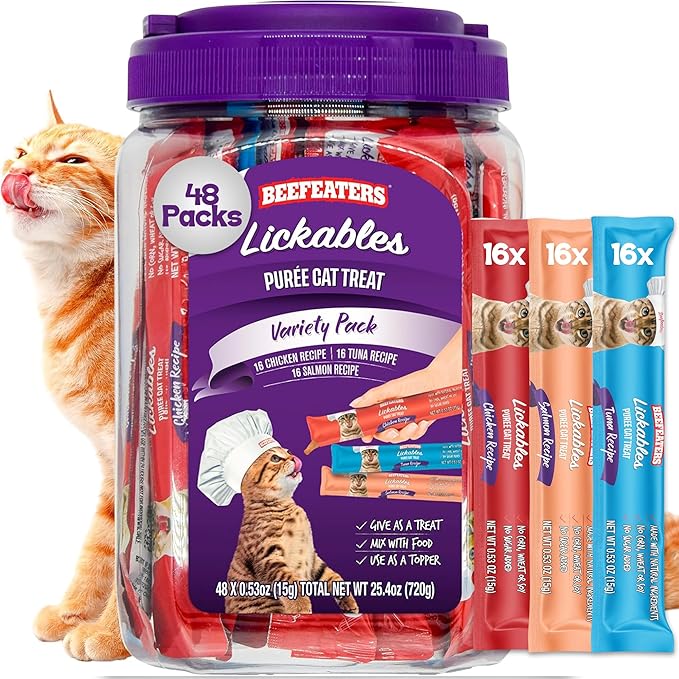 Beefeaters Cat Treats Variety Pack Lickable Puree 48ct – Salmon, Tuna & Chicken, Grain-Free, Taurine-Enriched, Ideal for Training & Interactive Feeding