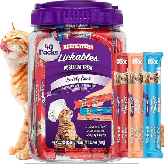 Beefeaters Cat Treats Variety Pack Lickable Puree 48ct – Salmon, Tuna & Chicken, Grain-Free, Taurine-Enriched, Ideal for Training & Interactive Feeding