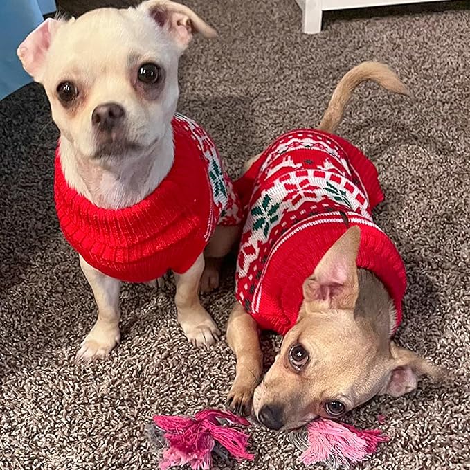 KYEESE Dog Christmas Sweater, Warm Turtleneck Dog Sweater for Small Dogs Boy Girl with Snowflake & Reindeer Pattern, Cozy Winter Doggie Knitwear with Leash Hole, Festive Holiday Outfit, Medium