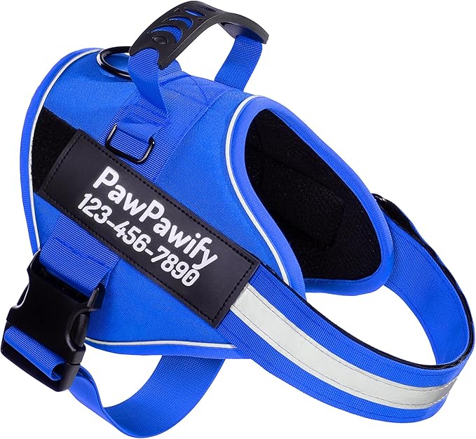 PawPawify Custom No Pull Dog Harness with Name and Phone Number, Heavy Duty Personalized Pet Vest to Prevent Tugging, Pulling, or Choking, Training and Walking (New Blue, XL (Chest 28-35in))
