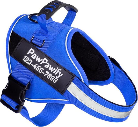 PawPawify Custom No Pull Dog Harness with Name and Phone Number, Heavy Duty Personalized Pet Vest to Prevent Tugging, Pulling, or Choking, Training and Walking (New Blue, M (Chest 20-24in))