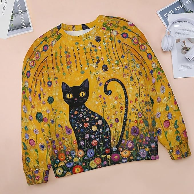Womens novelty funny cat printed crewneck sweatshirt casual loose long sleeve graphic pullover sweatshirts tops