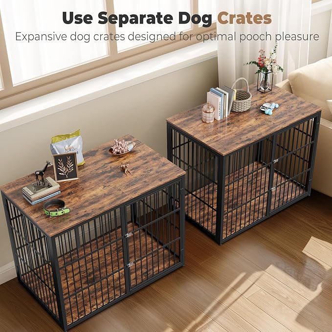 Lyromix 94.48'' Dog Crate Furniture Large Breed TV Stand with Double Rooms,Wooden Dog Kennel Dog Crate End Table with Removable Divider for Large Medium Dogs, Can Use Separately