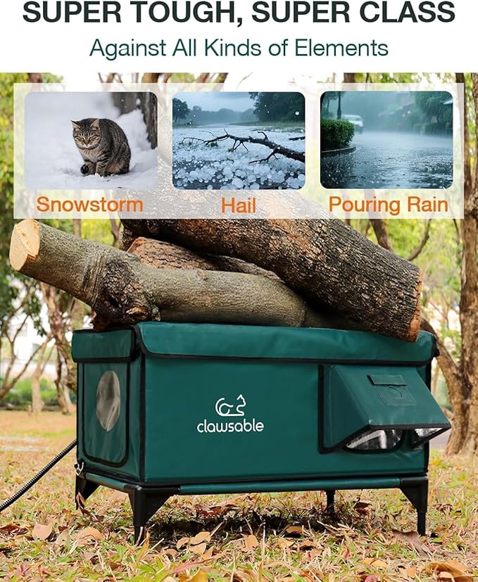 Indestructible Heated Cat House for Outside Winter, 100% Waterproof, Safe Escape Door, Insulated Outdoor Cat Shelter with Heater for Feral Barn Cat Kitty (Forest Green, 24"x15"x18")
