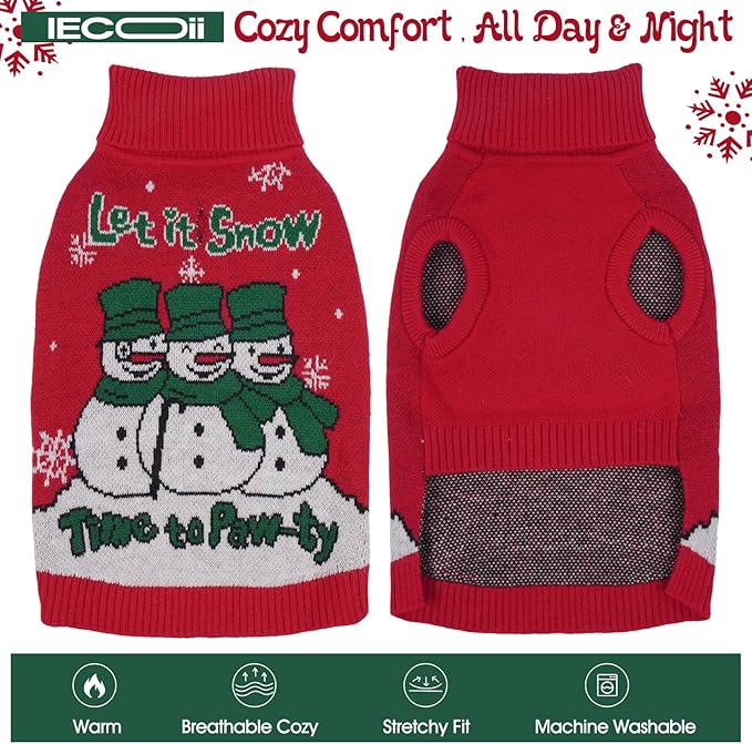 IECOii Christmas Dog Sweater for Medium Dogs Girl Boy, Xmas Dog Turtleneck with Leash Hole, Sleeveless Easy On Knitted Sweater Holiday Snowman Snowflake Pattern for Christmas Family Photo, Red, L