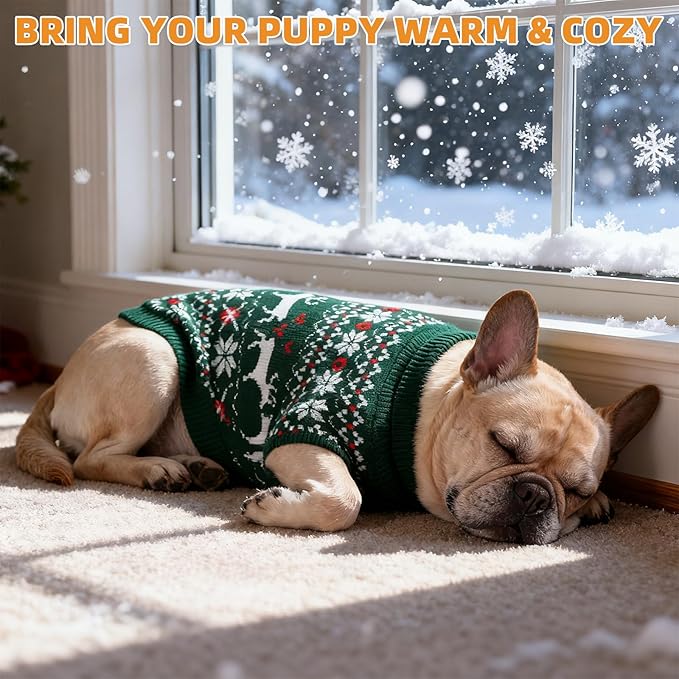 KOOLTAIL Christmas Dog Sweater, Cold Weather Pullover Classic Knitwear, Reindeer Snowflake Pattern Thick Warm Winter Pet Clothes, Cable Knit Sweaters for Small Medium Large Dogs Boy Girl, Green L/XL
