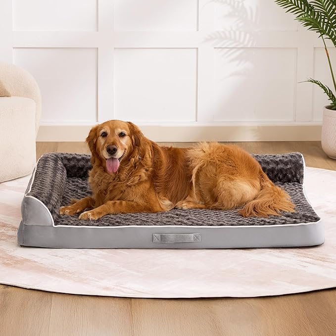 Dog Bed Large Sized Dogs, XL Orthopedic Dog Bed for Large Dogs 42"x30"x7.5", Waterproof Pet Bed with Washable Removable Cover, L-Shaped Pet Couch with Portable Handle, Grey