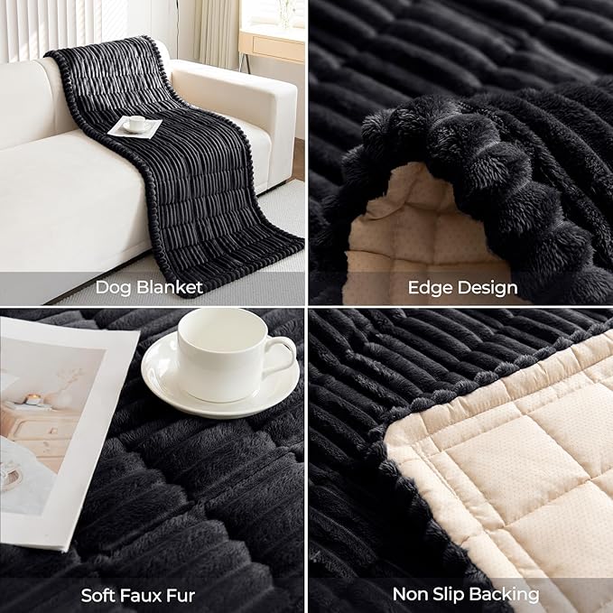 Faux Fur Plush Dog Couch Cover 3D Stripe Fuzzy Sofa Cover Non-Slip Fluffy Dog Bed Cover Pet Blanket Sofa Couch Furniture Protector for Puppy Large Dog Cat (Black,28"x35")