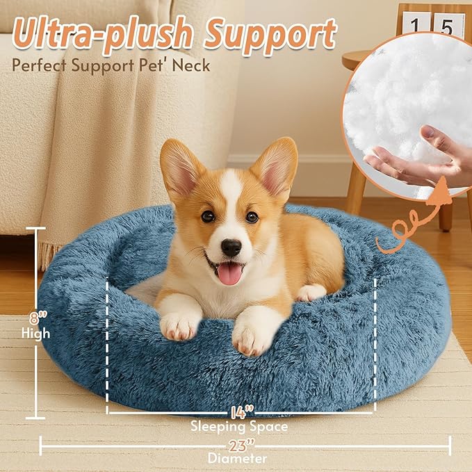 JOLLYVOGUE Small Dog & Cat Beds for Indoor Cats, Donut Cuddler Warming Soft Dog Beds with Anti-Slip Bottom, Round Calming Fluffy Plush Faux Fur Cushion Bed for Small Dogs (23", Blue)