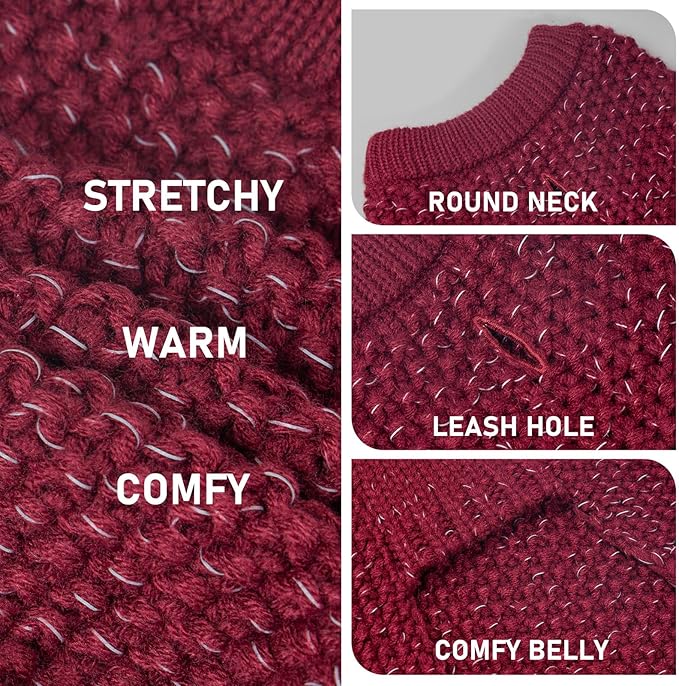 KYEESE Dog Sweater with Leash Hole Comfy Pullover Sweater Medium Size Male with Reflective Yarn Warm Pet Coats Stretchy Cozy Lightweight Thick Knitwear Dog Clothes,Dark Red, X-Large