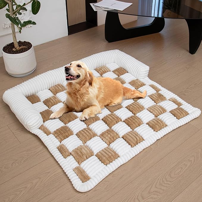 LiveGo Fuzzy Pet Couch Covers for Sofa, Dog Couch Cover Fuzzy Sofa Cover Cream Square Plaid Dog Bed Plush Dog Mat for Furniture Protector for Large Medium Dogs and Cats (Light Brown, 35.4"*35.4")