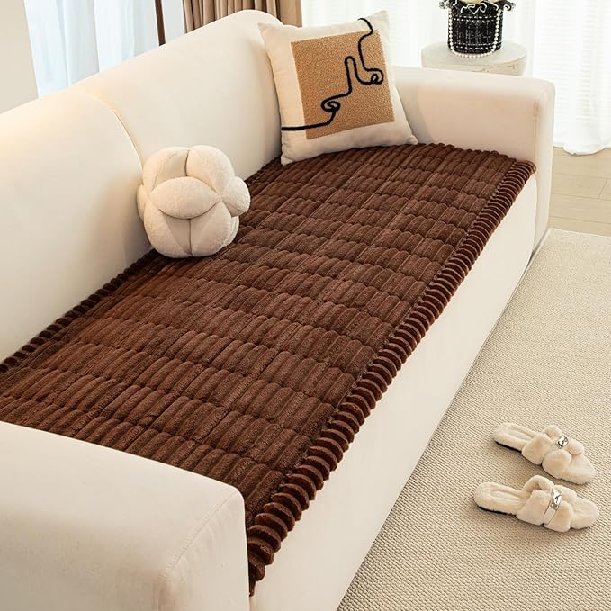Faux Fur Plush Dog Couch Cover, 3D Stripe Fuzzy Sofa Covers, Non-Slip Fluffy Dog Bed Cover Pet Blanket, Washable Furniture Protector for Puppy Cat (Dark Coffee,35"x35")