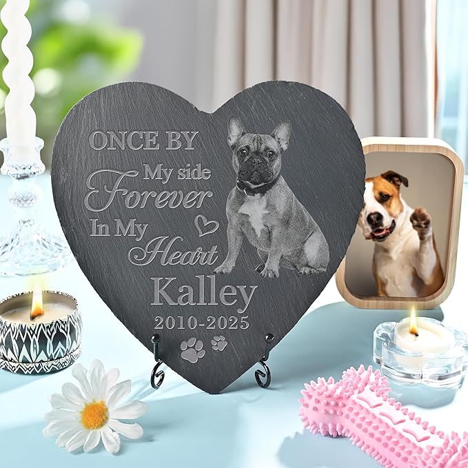 Pet Memorial Stone with Photo, Dog Memorial Gifts for Loss of Dog, Personalized Pet Memorial Gifts, Pet Loss Gift - in My Heart（Heart）