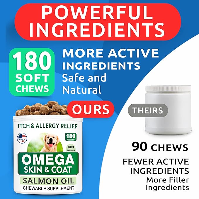 BARK&SPARK Omega 3 for Dogs - 360 Fish Oil Treats for Dog Shedding, Skin Allergy, Itch Relief, Hot Spots Treatment - Joint Health - Skin and Coat Supplement - EPA & DHA Fatty Acids - Salmon Oil