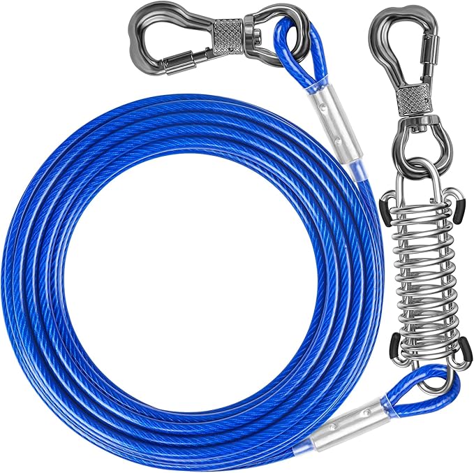 Tresbro 100FT Dog Tie Out Cable with Spring, Shock Absorbing Tether Chains for Outside Aavilable in 10/15/20/25/30/40/50/70/100/120 FT, Heavy Duty Leads for Yard for Medium & Large Dogs Up to 500 LBS
