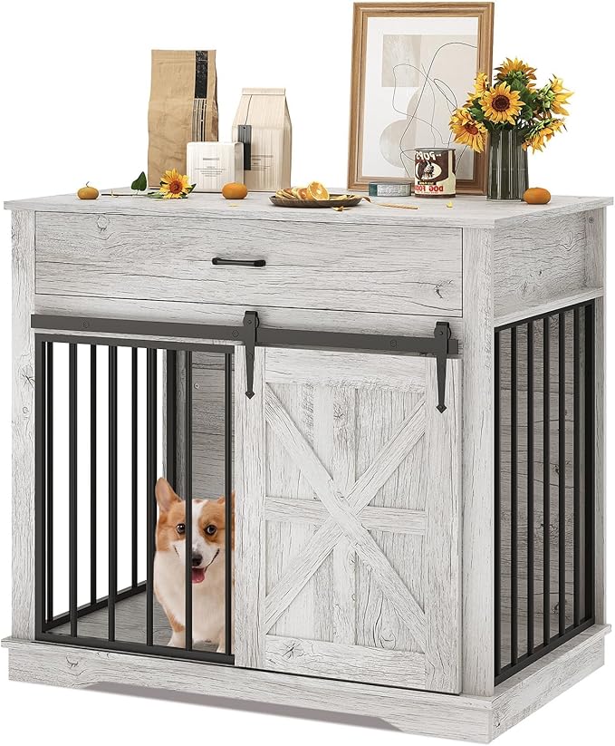 37.8" Dog Crate Furniture for Small Medium Dogs, 2-in-1 Iron-Wood Fusion Dog Cage Indoor As Side End Table, Farmhouse Dogs Kennel with Sliding Barn Doors & Drawer, Grey